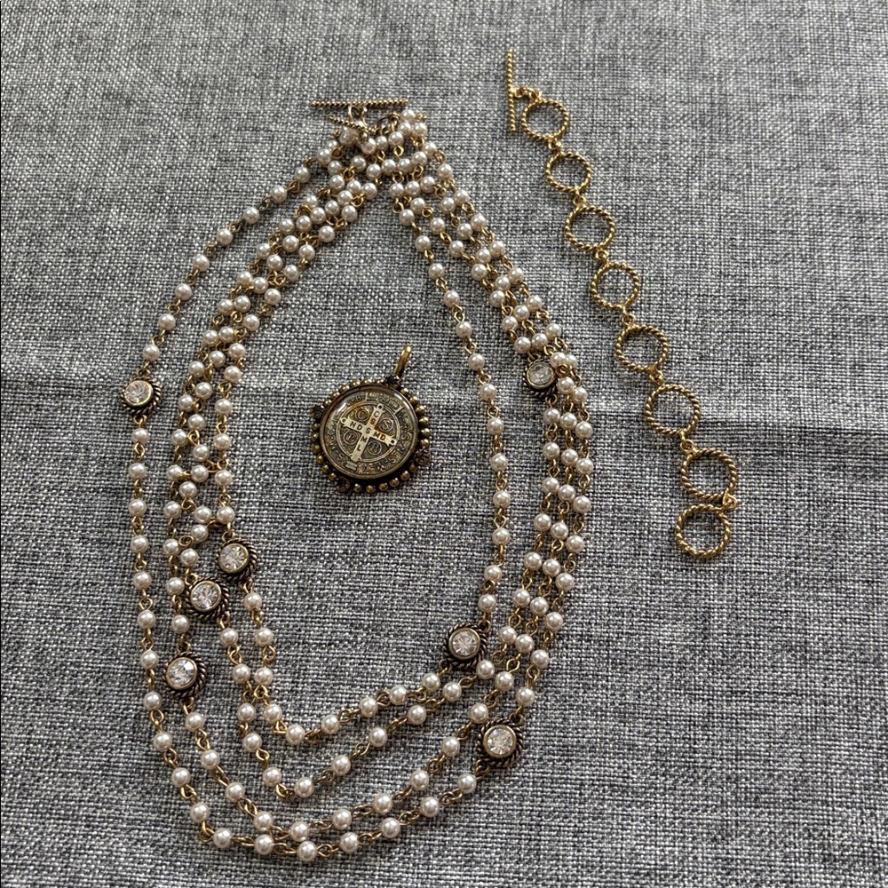 Virgins Saints & Angels 4-strand pearl ,gold chain necklace removable medallion - Picture 9 of 9